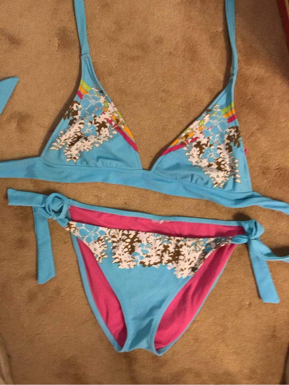 OP Women Swim Two-Piece Bikini in Light Blue with Pink & Multicolor Print